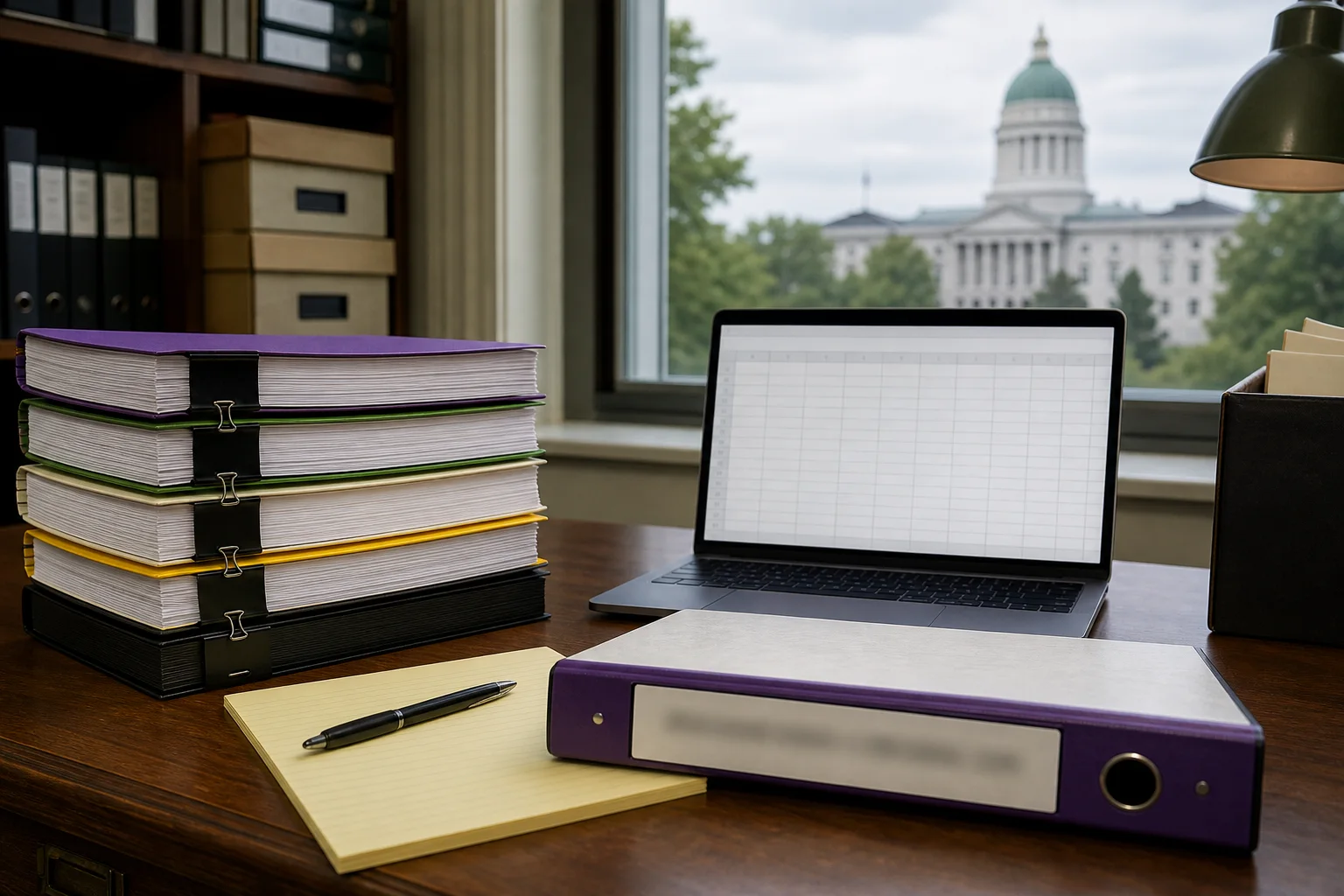 Desk with dated PDFs, binder, laptop and a municipal building seen through a window, representing archival practice.