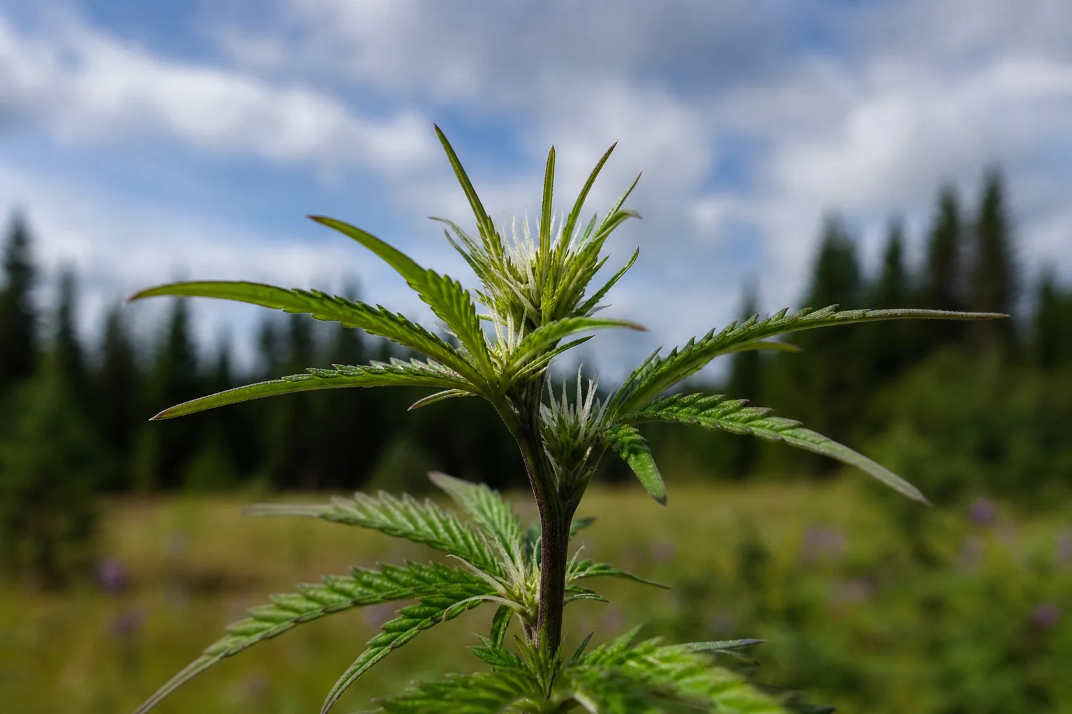 Close macro of cannabis inflorescence showing earliest pistils emerging against a soft Maine late‑summer background.