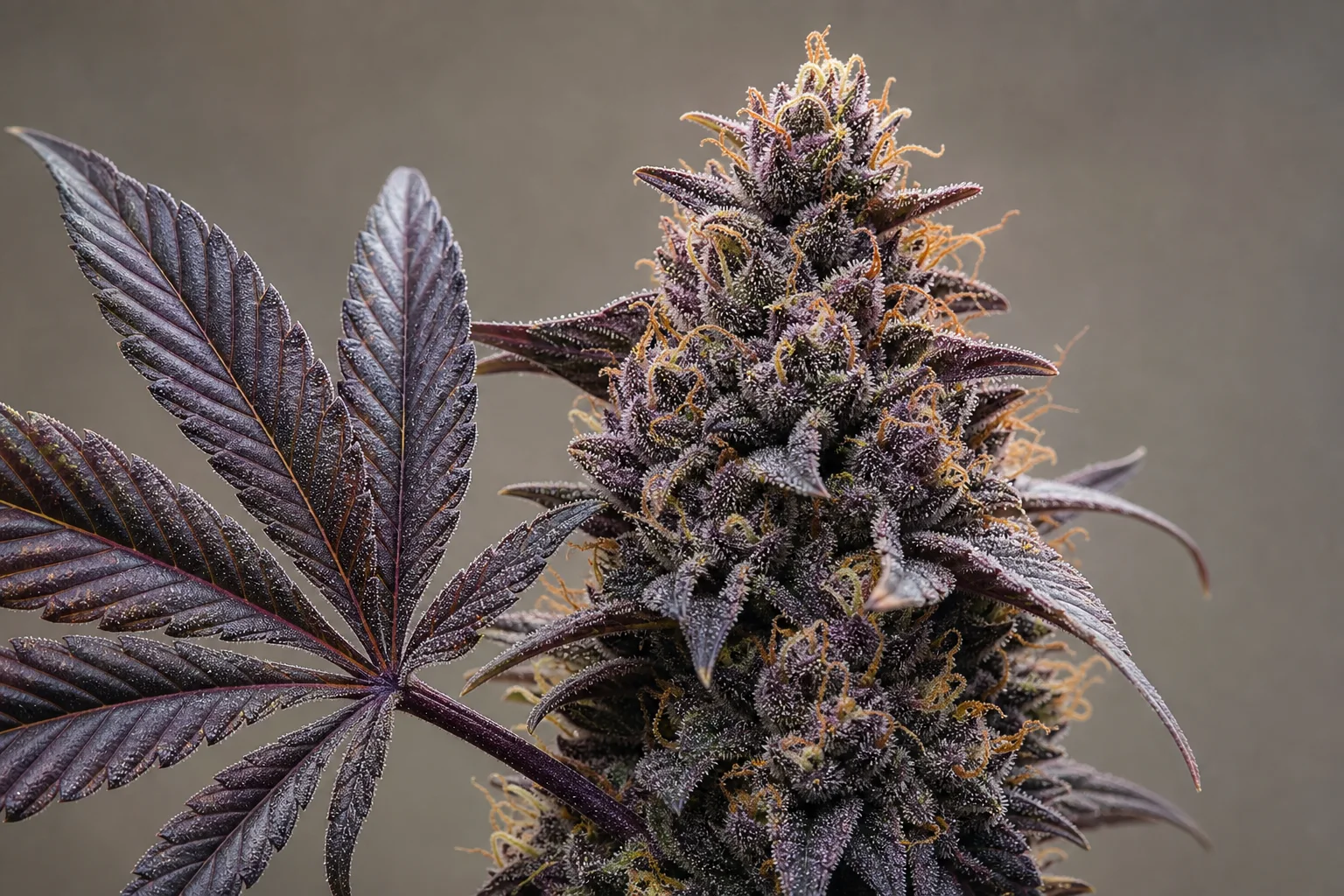 Macro image of a cannabis flower and leaf showing deep purple pigmentation and visible trichomes, illustrating anthocyanin color.