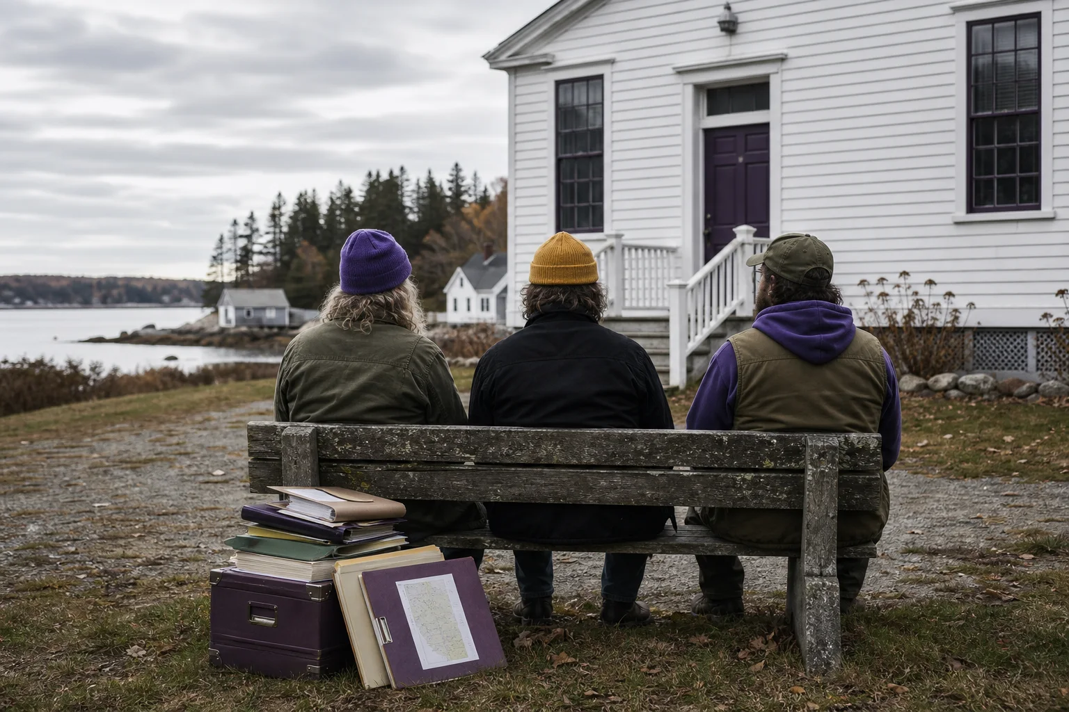 Three people sit outside a community hall with archival folders and a government guidance folder nearby; the composition evokes shared memory and local recordkeeping without visible readable text.