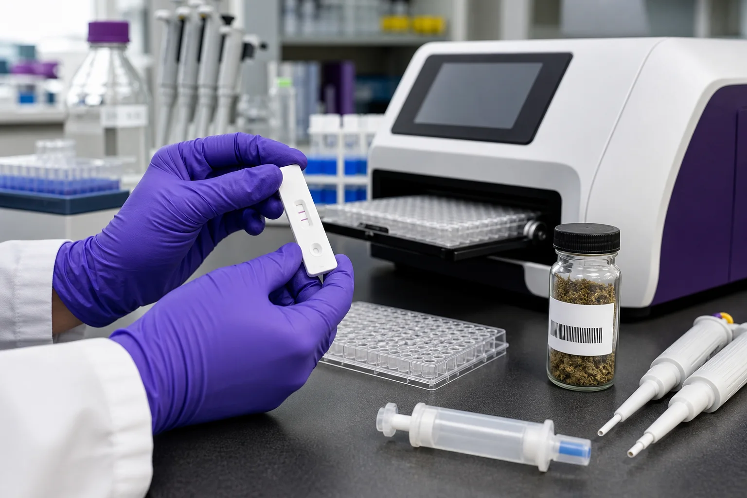Immunoassay strip and ELISA plate on a lab bench with pipettes and a sample vial; no readable text.