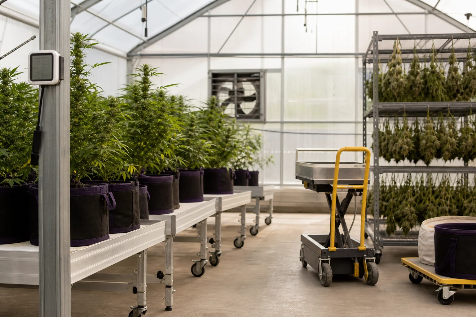 Greenhouse interior with environmental monitor clipped to frame, adjustable benches and a compact lift trolley beside drying racks — tools for occupational health.