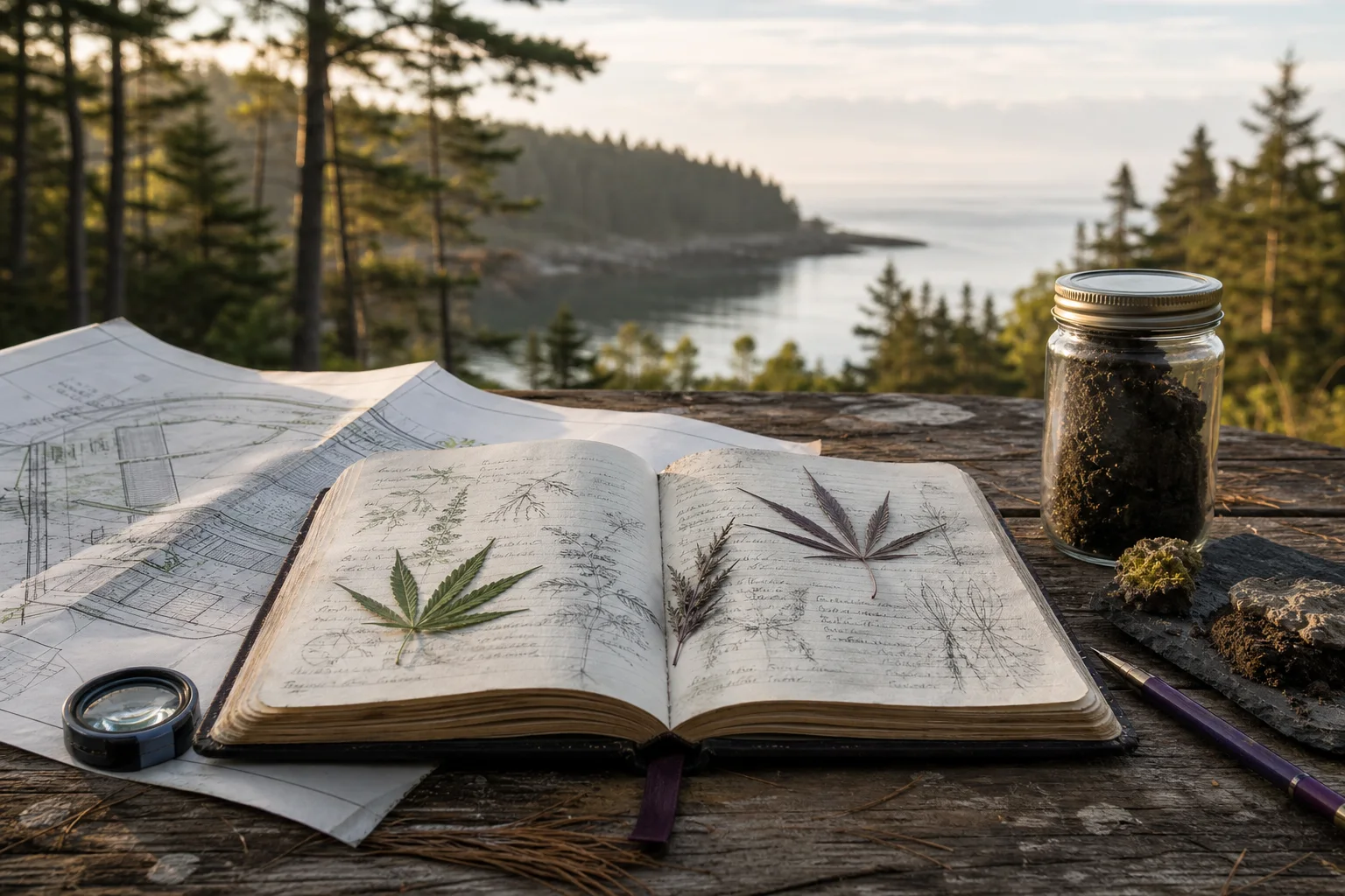 Open field notebook, loupe, soil core jar, and a folded facility plan on a pine table in soft morning light — archival tools for Maine cannabis recordkeeping.