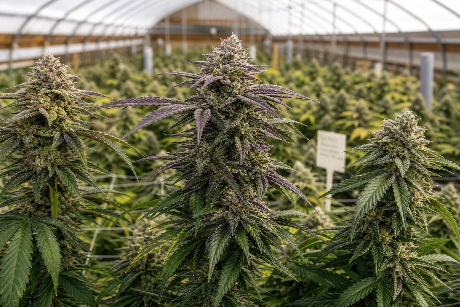 Close-up of apical buds at the top of a cannabis canopy in a high-tunnel with blurred bench tags (no readable text).