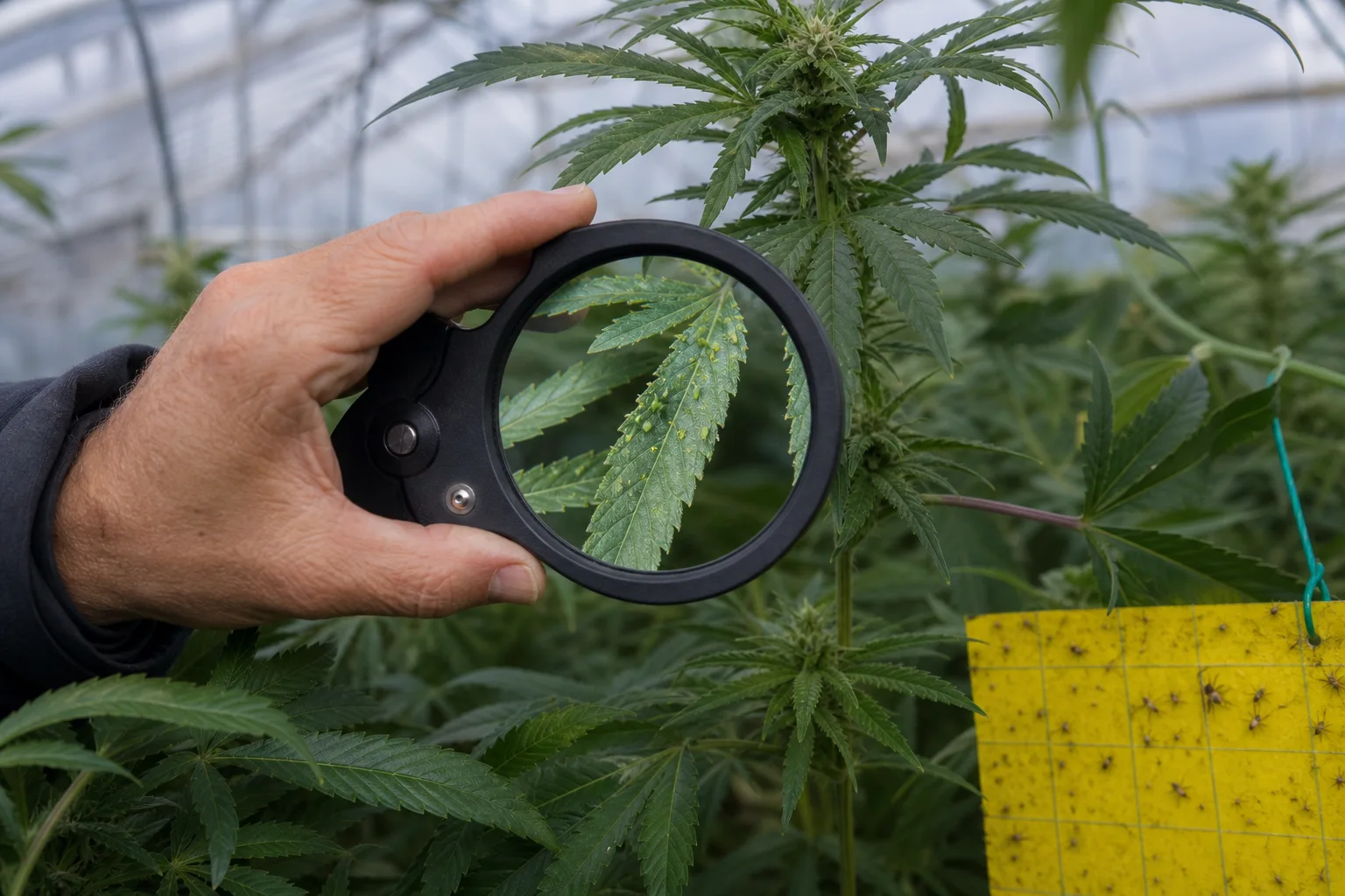 Macro documentary photo of a grower inspecting a cannabis leaf with a magnifier; sticky trap visible; no readable text.