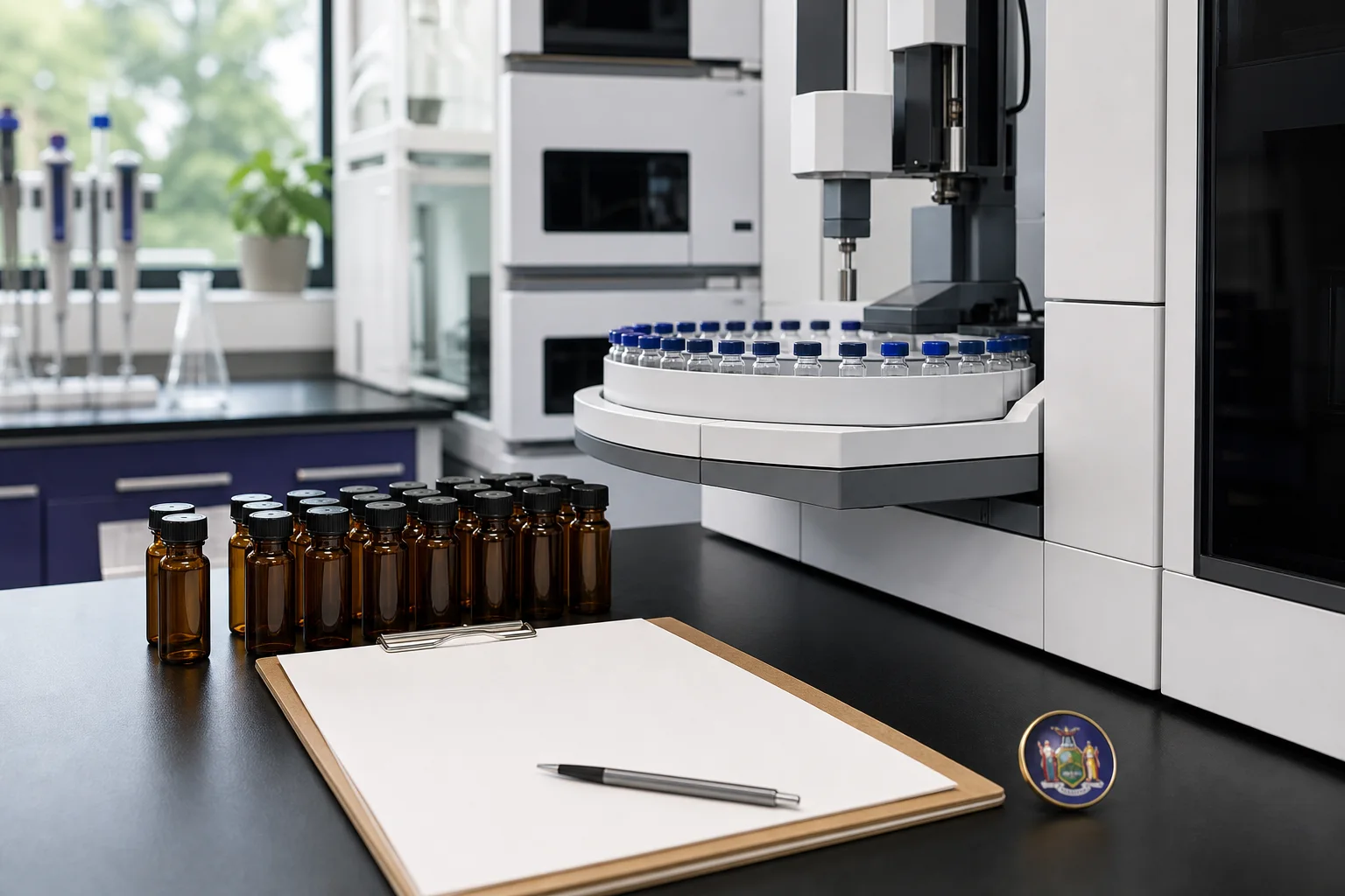 Laboratory benchtop with analytical instrument autosampler tray, amber sample vials and blank clipboard — documentary image of cannabis testing apparatus.