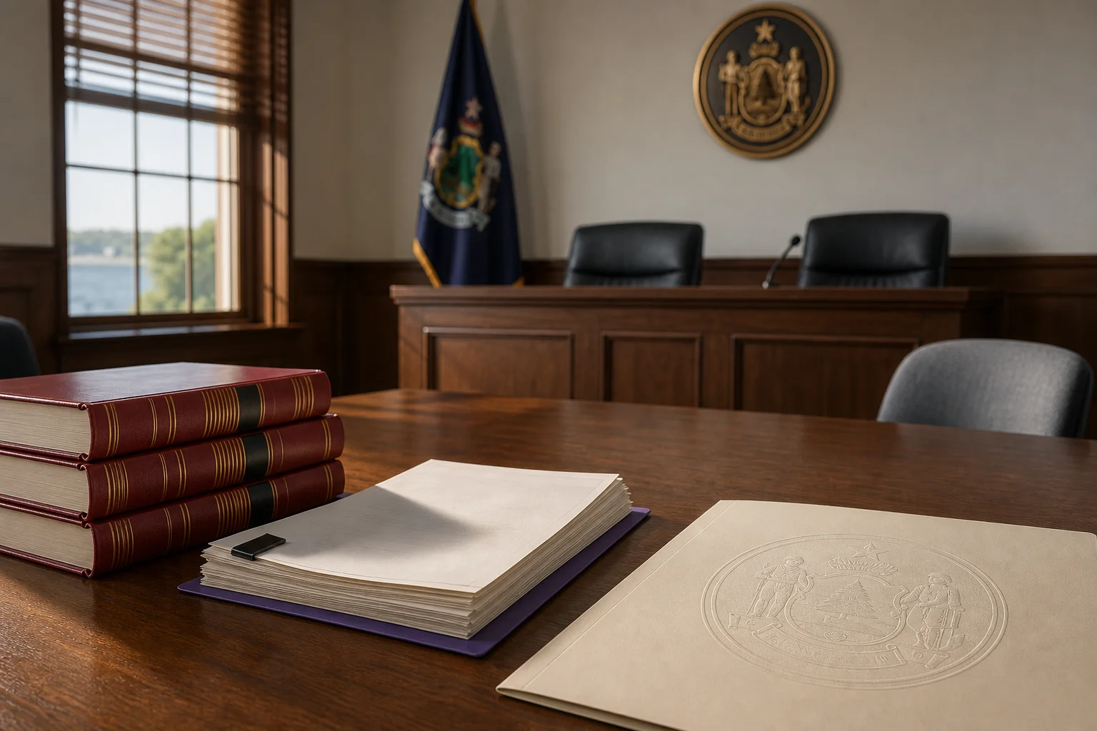 State hearing room table with statute books and a generic administrative notice packet; shallow focus, no readable text.