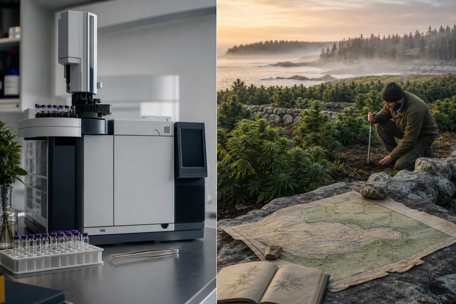 Diptych: lab GC‑HRMS vials and an outdoor Maine cannabis field with a farmer and map; no readable text.