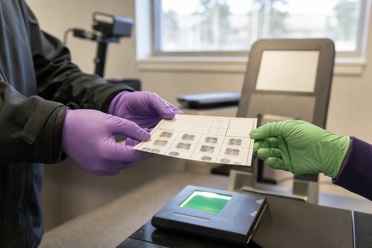 Close-up documentary image of a fingerprinting station with gloved hands and an ID kiosk in soft focus; no readable text.