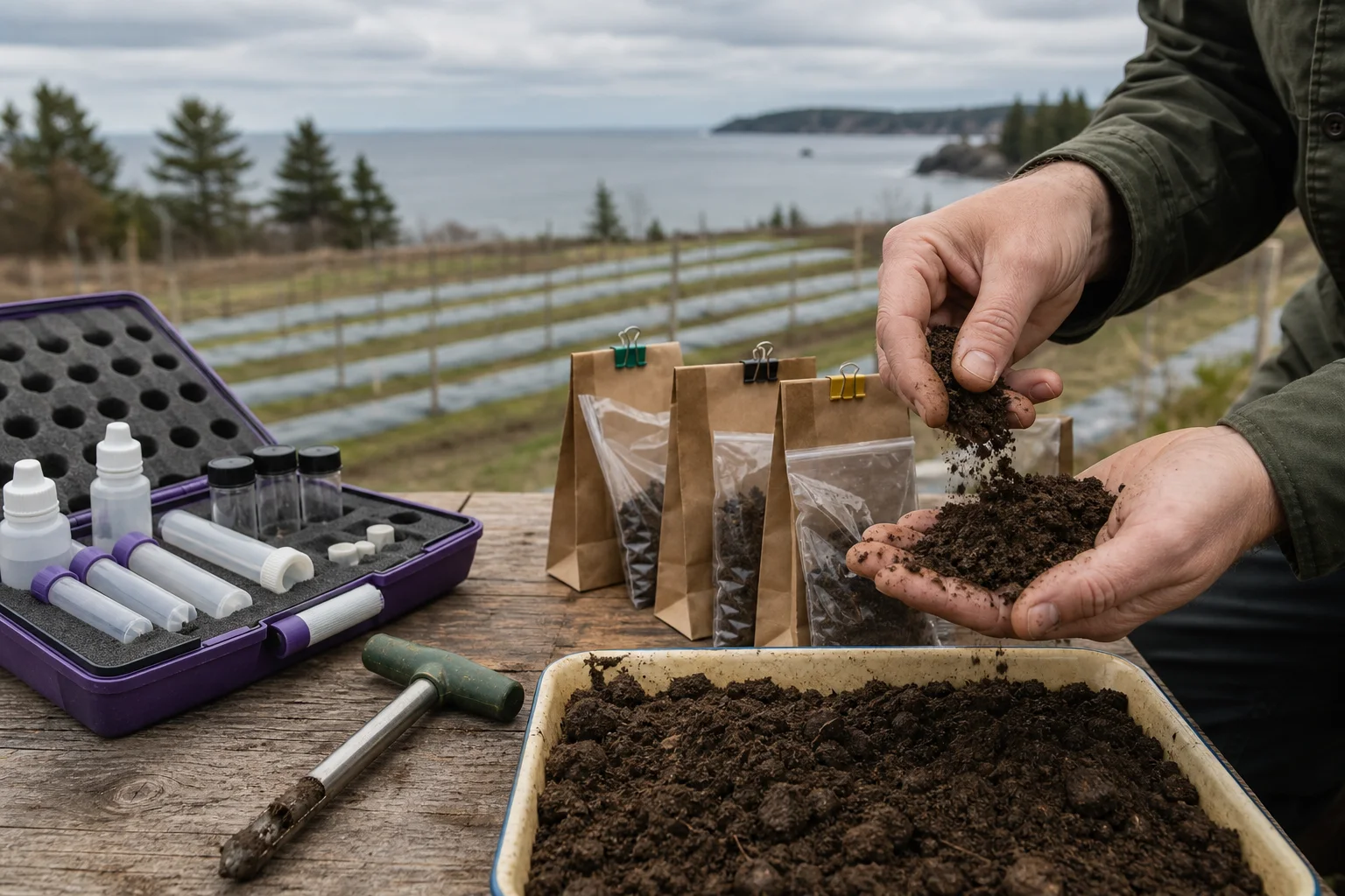 Close-up documentary photo of soil testing supplies and soil texture, with a Maine field in soft focus behind; no readable text.