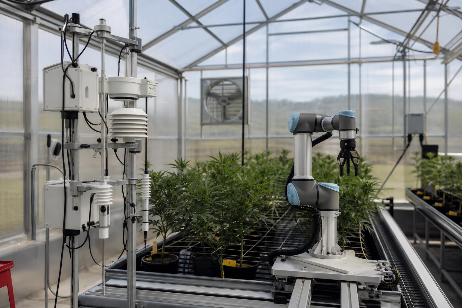 Interior of a small Maine greenhouse with sensors and a compact robotic arm near a bench under daylight.