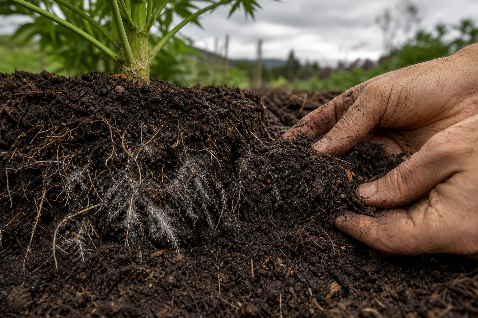 Macro photo of Maine garden soil with compost, roots, and fine fungal hyphae visible between fingers; overcast natural light.