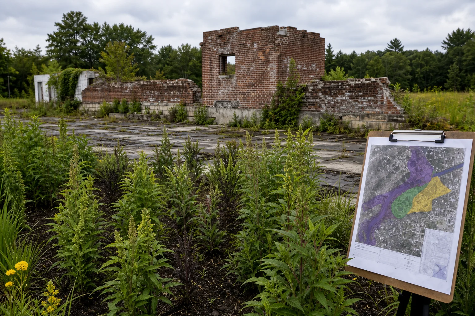 Plants being established on the edge of a former industrial lot with a clipboard showing a site map nearby.