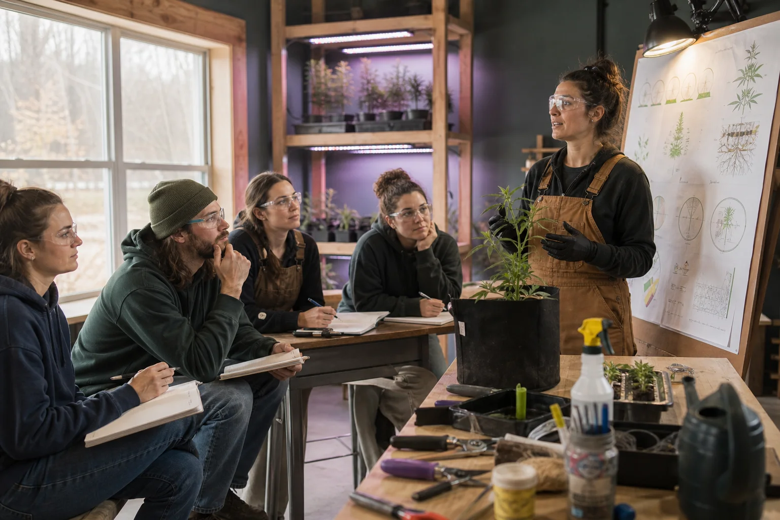 Maine farm apprenticeship workshop with a small group of trainees and an instructor beside a bench with plant tools.