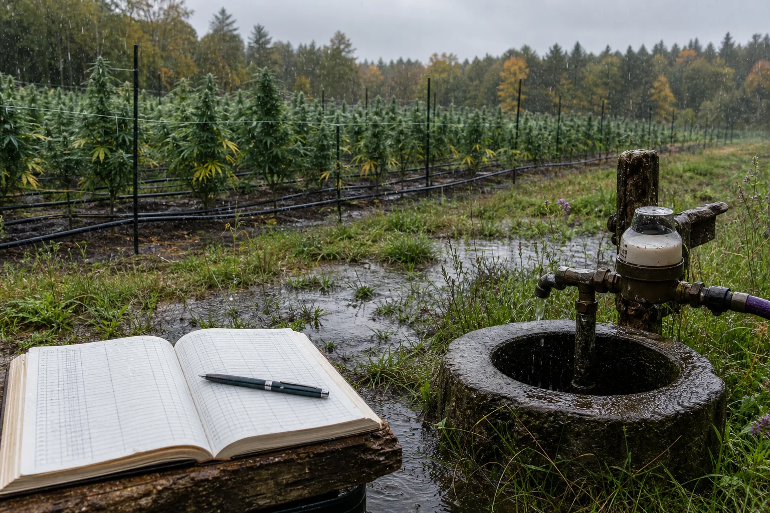 A field edge in Maine showing drip irrigation tubing, a well head with a meter, recent puddling from heavy rain, and a ledger, illustrating water stewardship for outdoor cultivation.