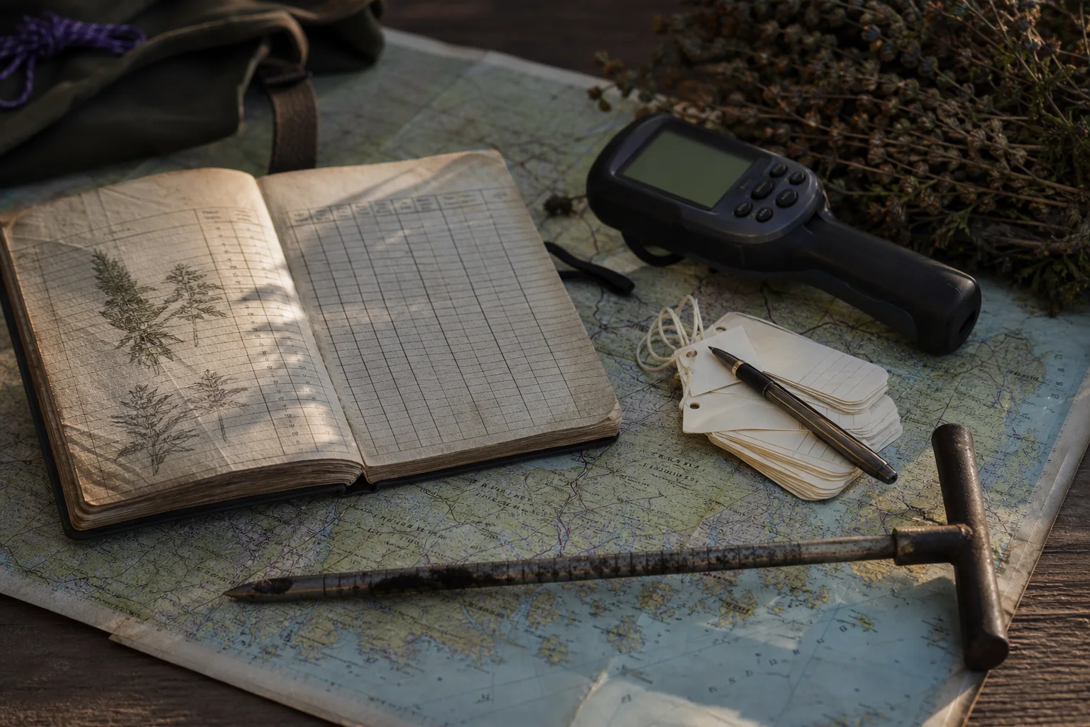 A field notebook showing plant accession rows, blank plant tags, an RFID reader and a soil probe arranged on a faded map of Maine; soft afternoon light and shallow focus.