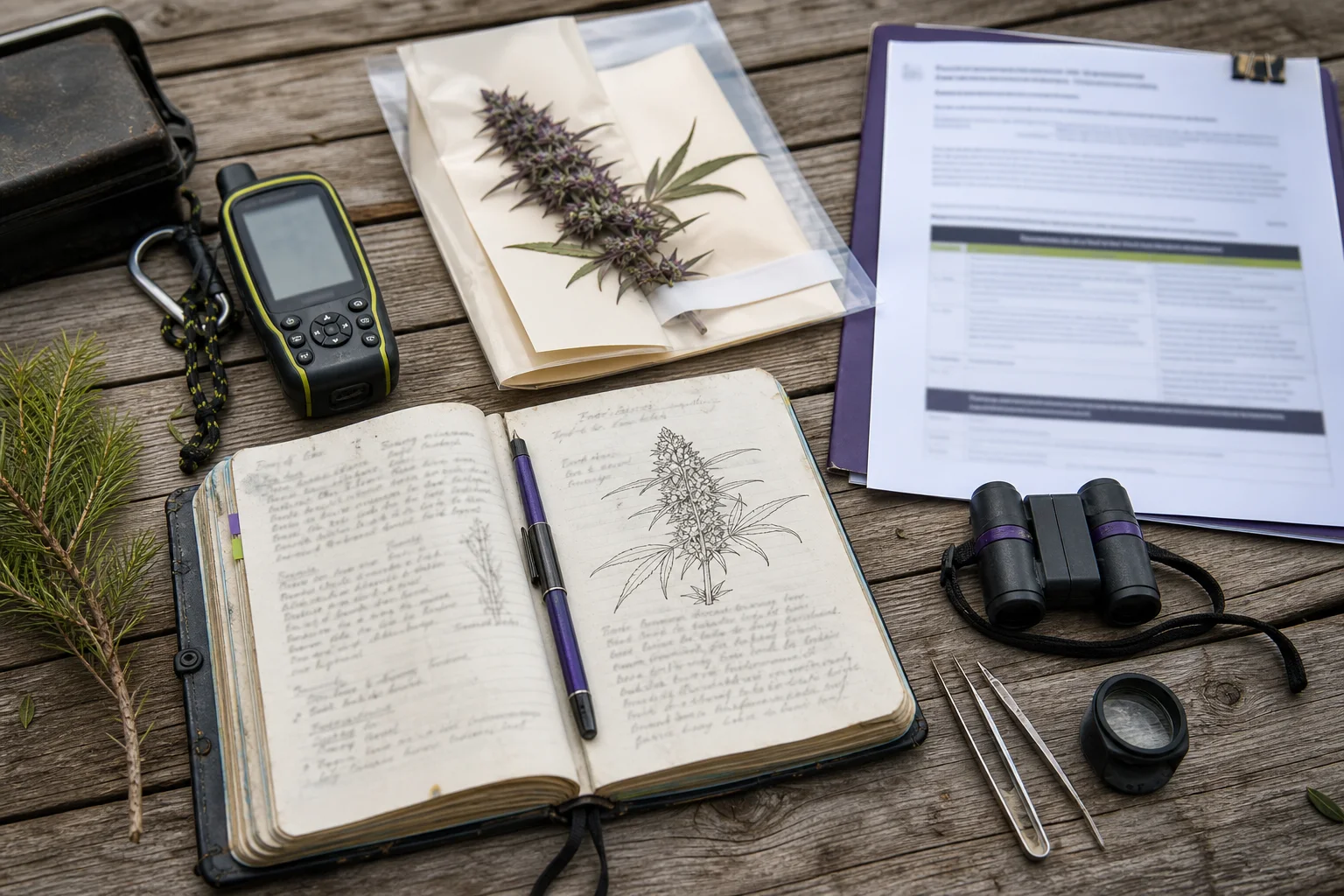 Field notebook open with dated notes, GPS device, a pressed plant wrapped in archival paper, and a blurred state procurement page — botanical fieldwork items on a wooden surface.