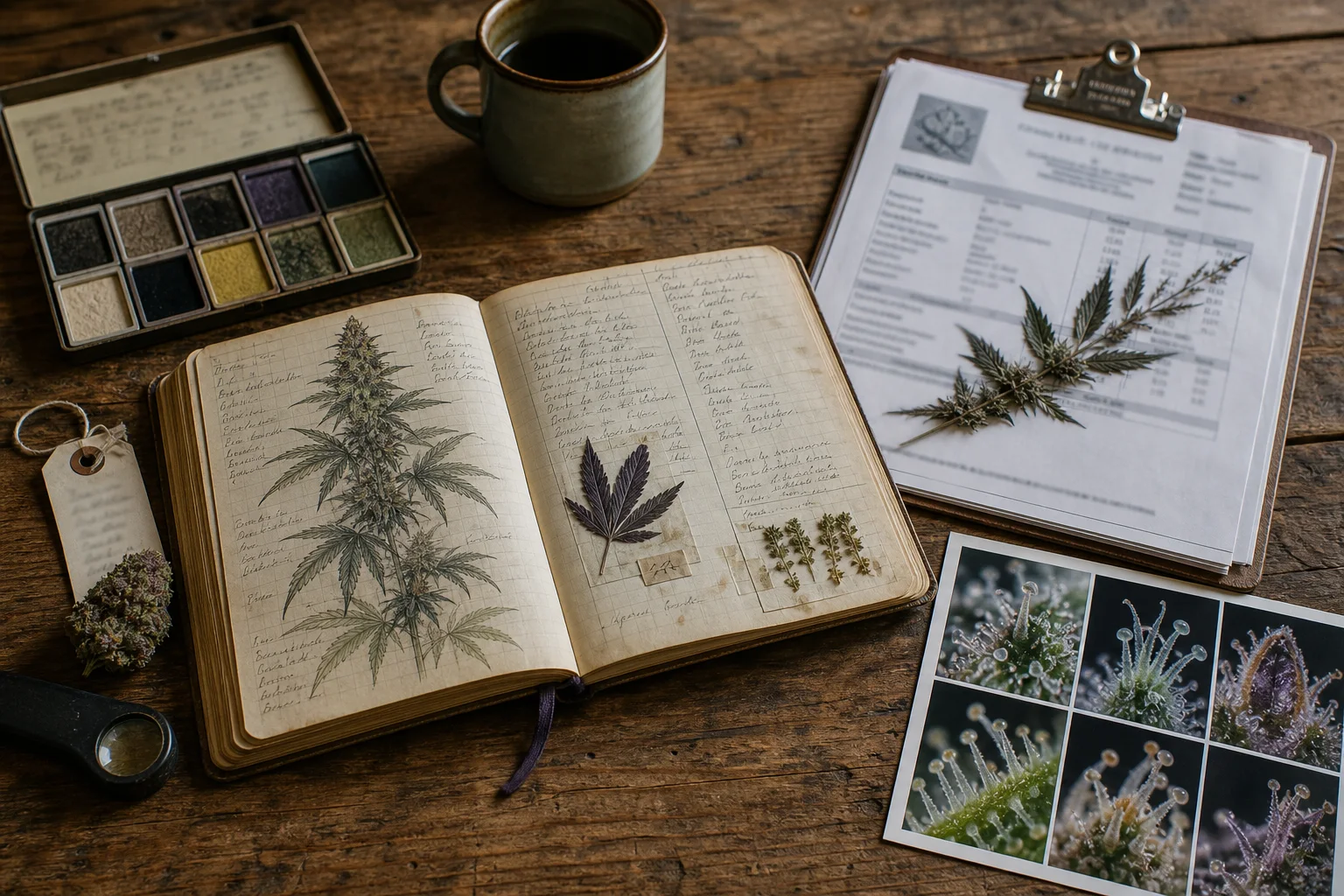 A weathered notebook open beside a nursery plant tag and a blurred laboratory certificate, with an inset macro print of cannabis trichomes — an archival tableau about provenance and naming.