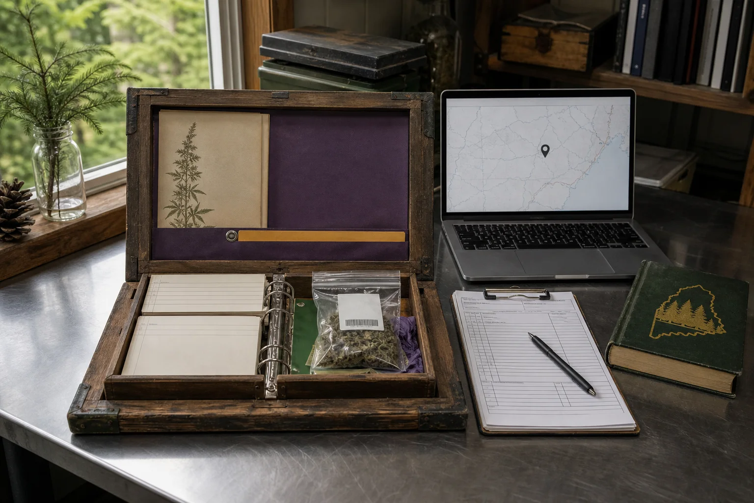 Archivist's desk with field binder, sealed sample bag, blank chain‑of‑custody form, and a closed Maine Forest Service handbook; no readable text.