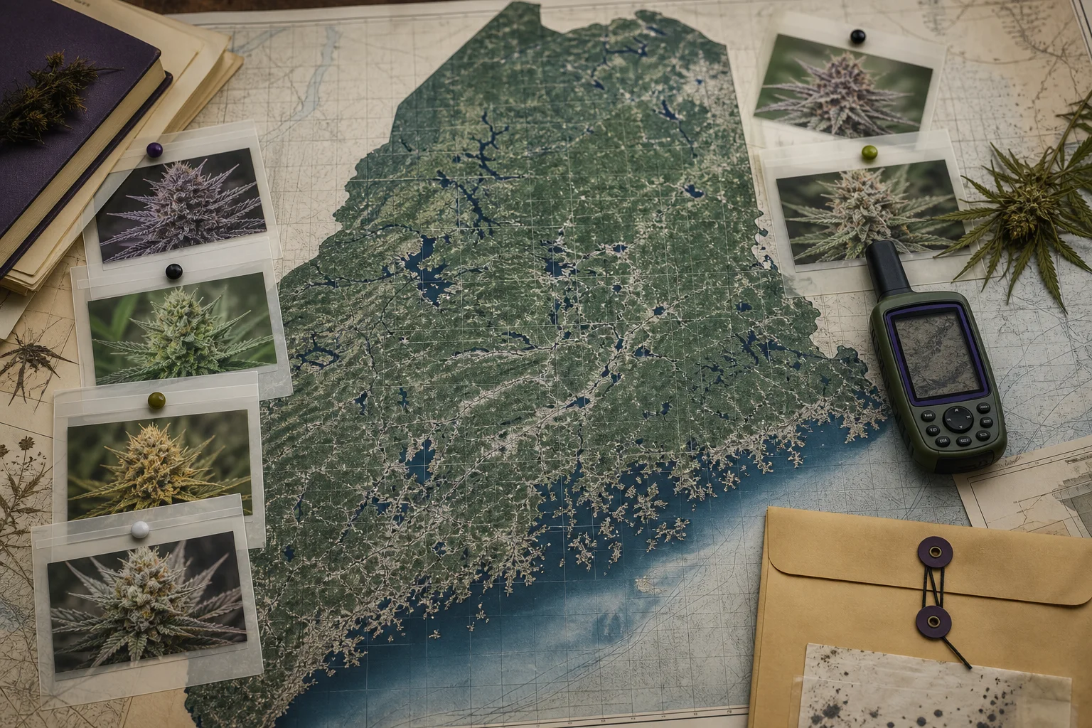 Editorial montage: orthophoto map, pinned index cards representing plant accessions, a handheld GPS, and an accession envelope—no readable labels.