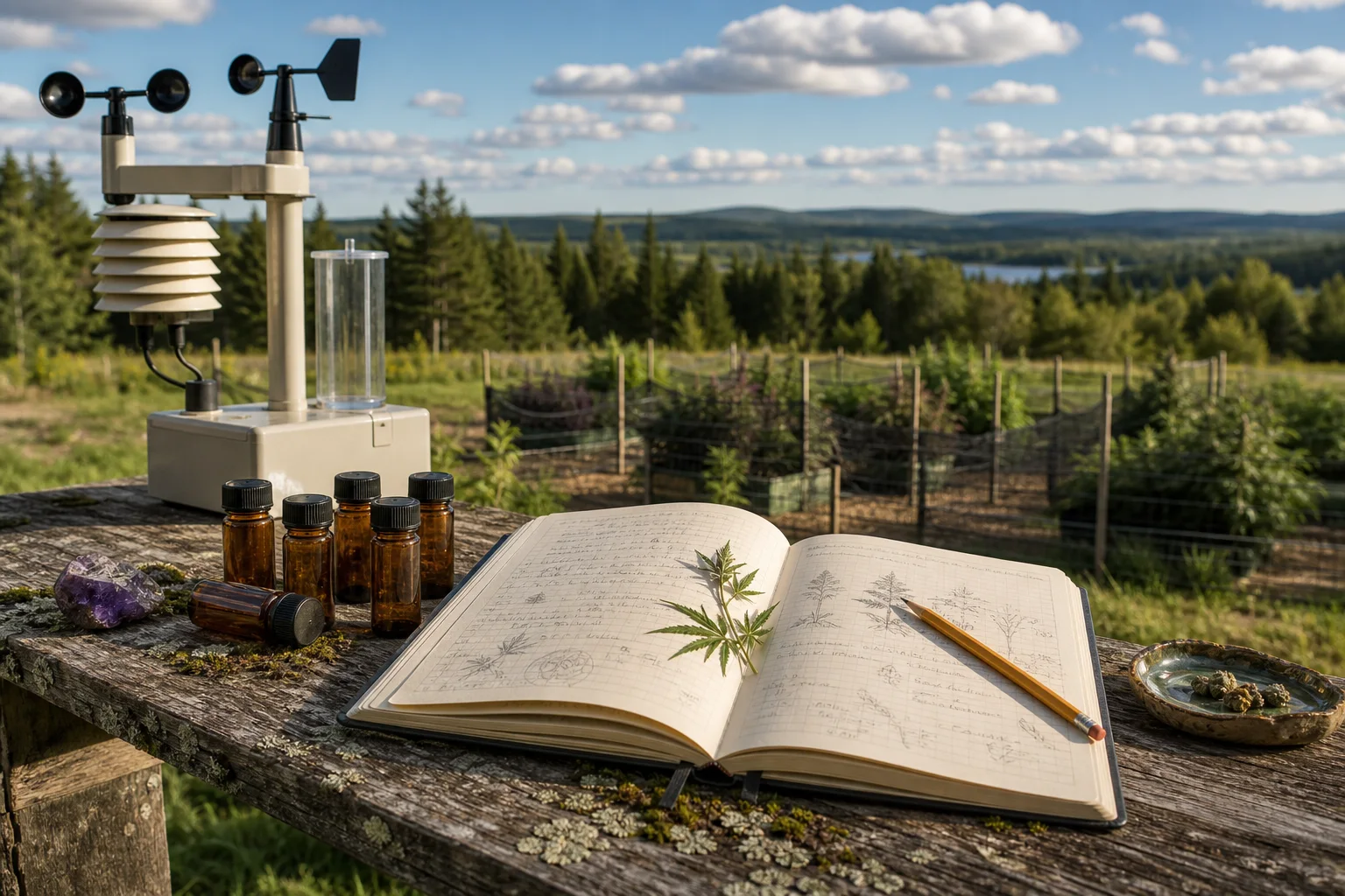 A garden field notebook beside sample vials and a small weather station, with cultivation plots visible beyond — an image evoking long‑term recordkeeping.