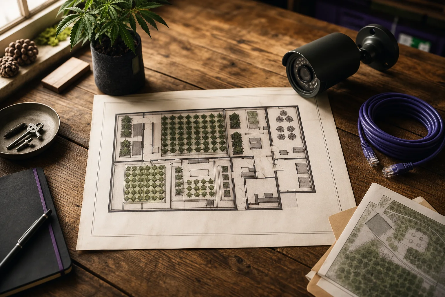 Overhead scene showing a cultivation facility blueprint, a security camera, network cable, and a facility plan on a wooden table — tools of security and planning for a Maine cannabis operation.