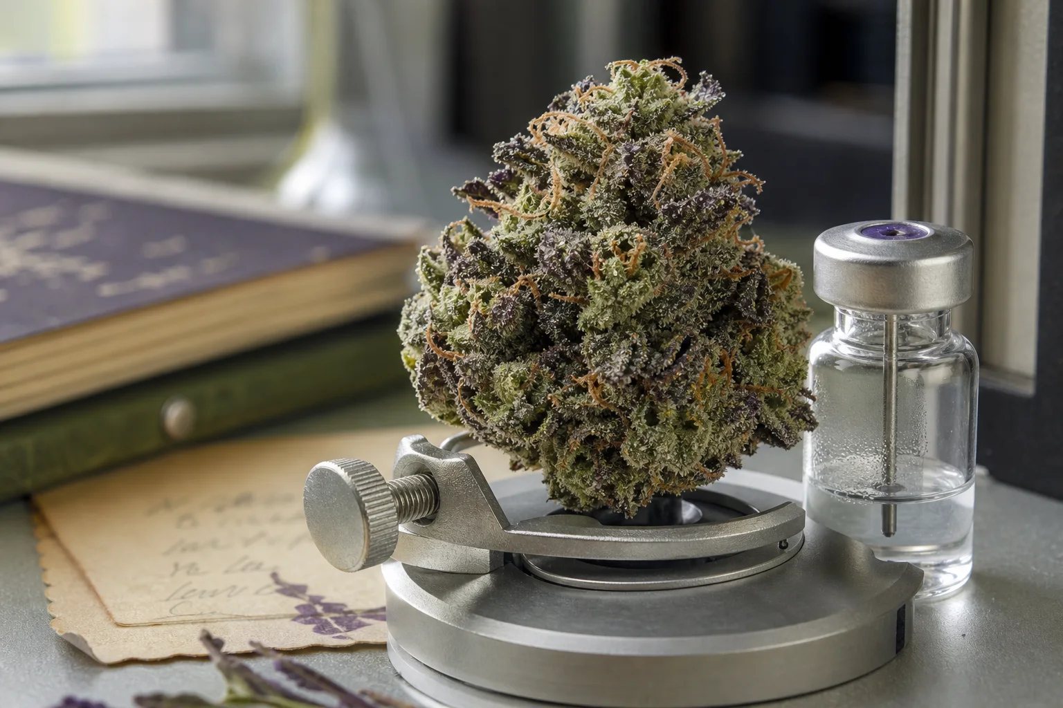 Macro editorial shot of a dried cannabis flower near a laboratory headspace vial and sample prep tray; neutral background, warm natural light, no readable labels.