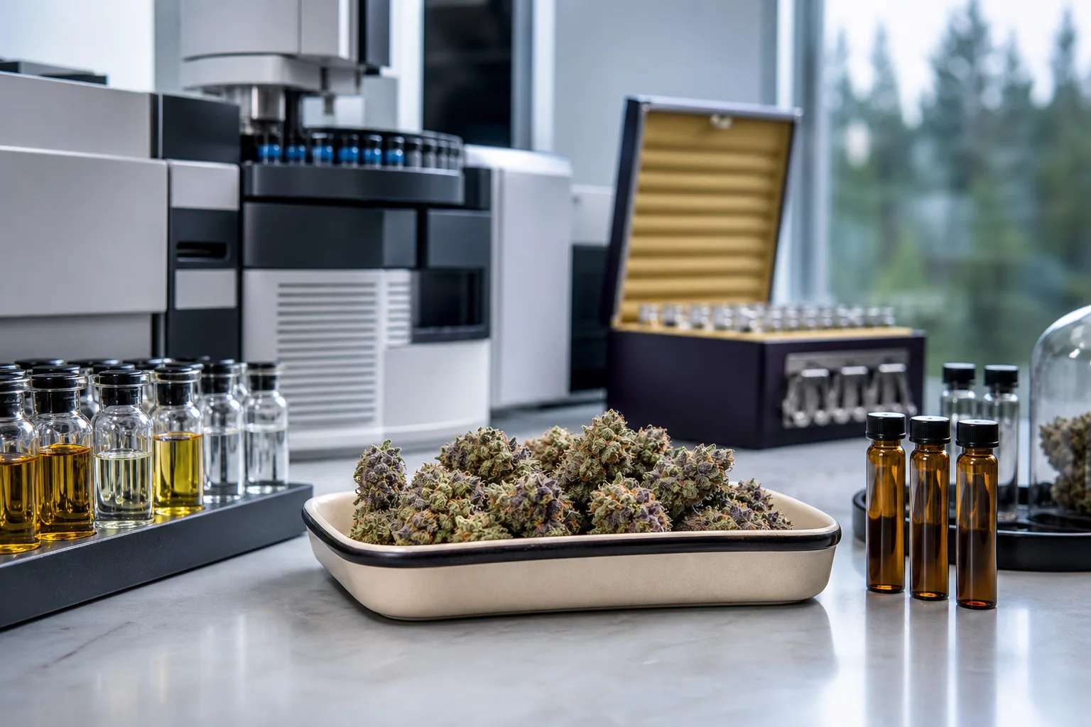 Laboratory bench with GC vials and a tray of dried cannabis flowers, NIST reference material package softly visible in background; studio lighting.
