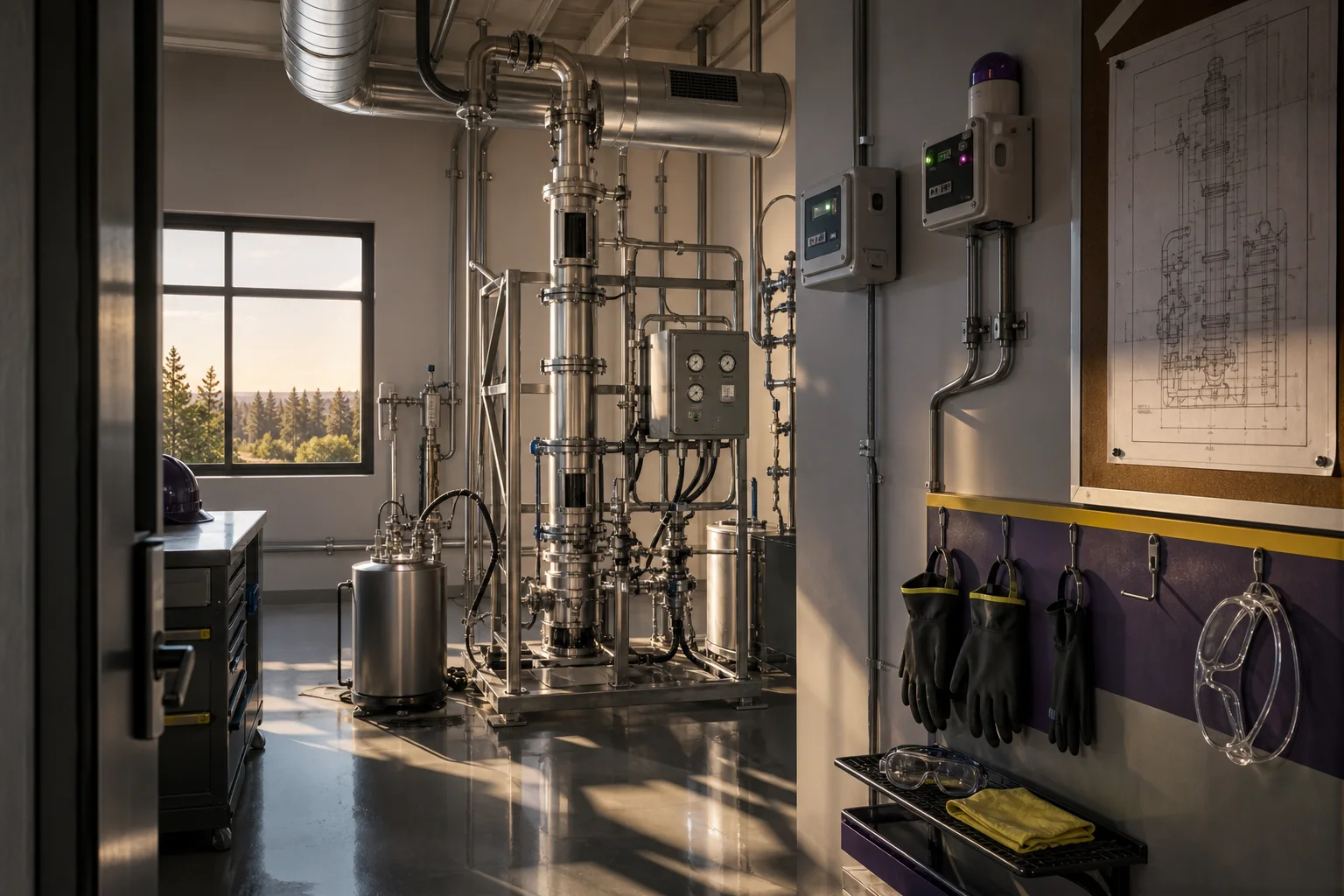 Interior view of a professional closed‑loop extraction room showing venting, extraction column, gas detectors, PPE station, and an engineer’s blueprint pinned to a board; no people or readable text.