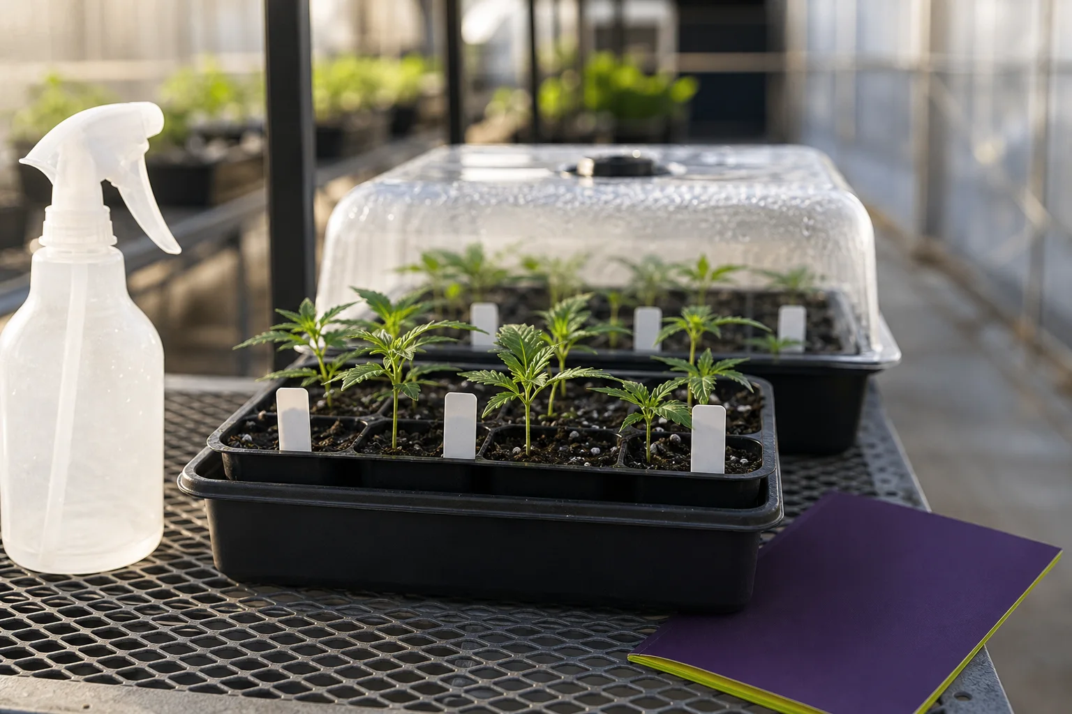 Close scene of a clean propagation bench with trays, sterile media, humidity dome, and a pamphlet — tools of aseptic nursery practice in a Maine greenhouse.