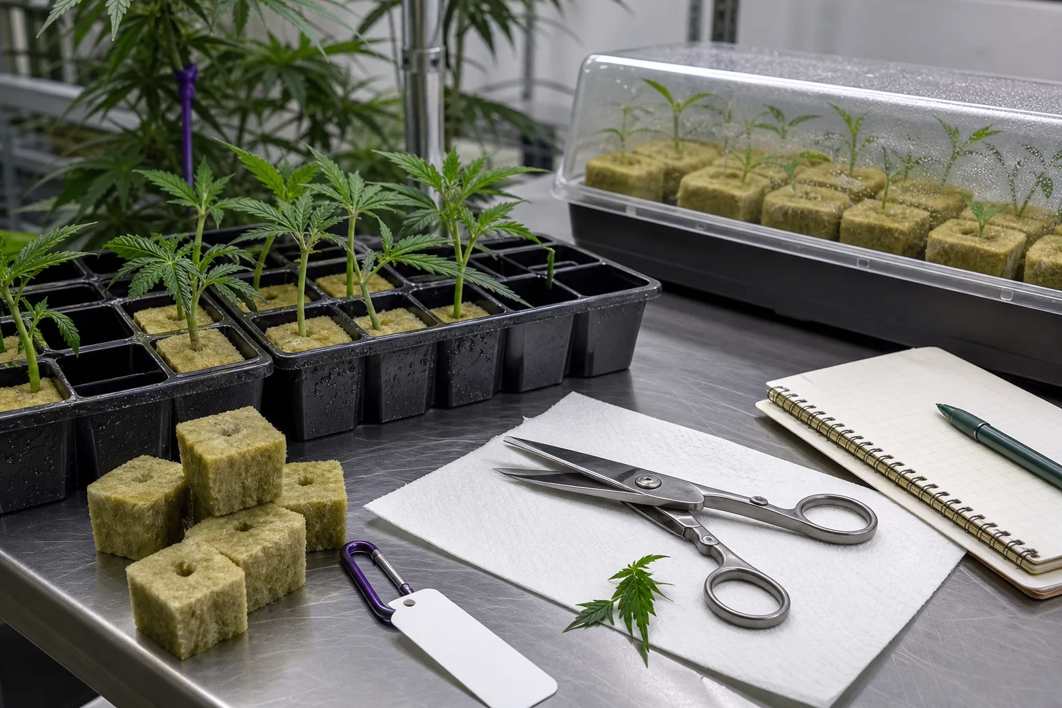 Propagation bench detail: rockwool cubes, labeled trays, sterile shears, and mother‑plant ID tag (no readable text).