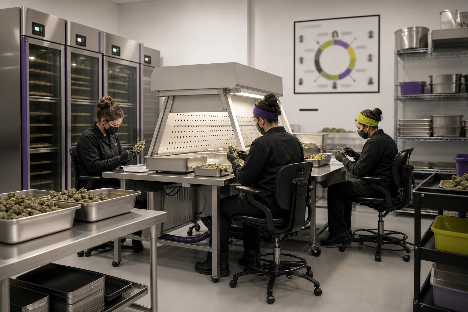 Ergonomic trimming station with adjustable chairs, downdraft table, and drying racks; clean processing room, no readable text.