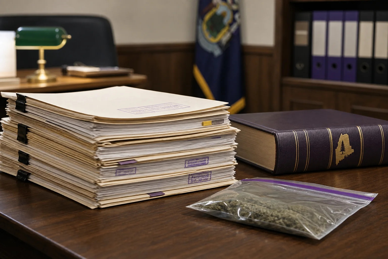 Documentary editorial image of a public records desk with sealed evidence bag and statute volume; no readable text.