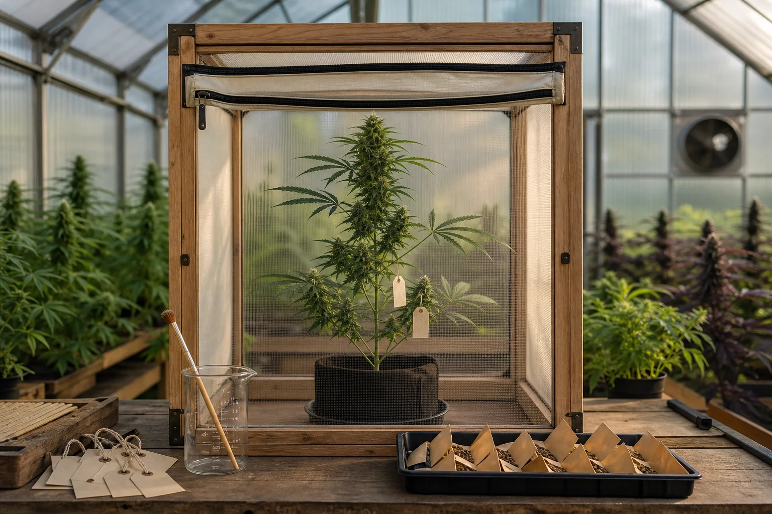 A greenhouse pollination tent with labeled cannabis plant, pollen brush, seed envelopes, and beaker — tools of small-scale seed production.