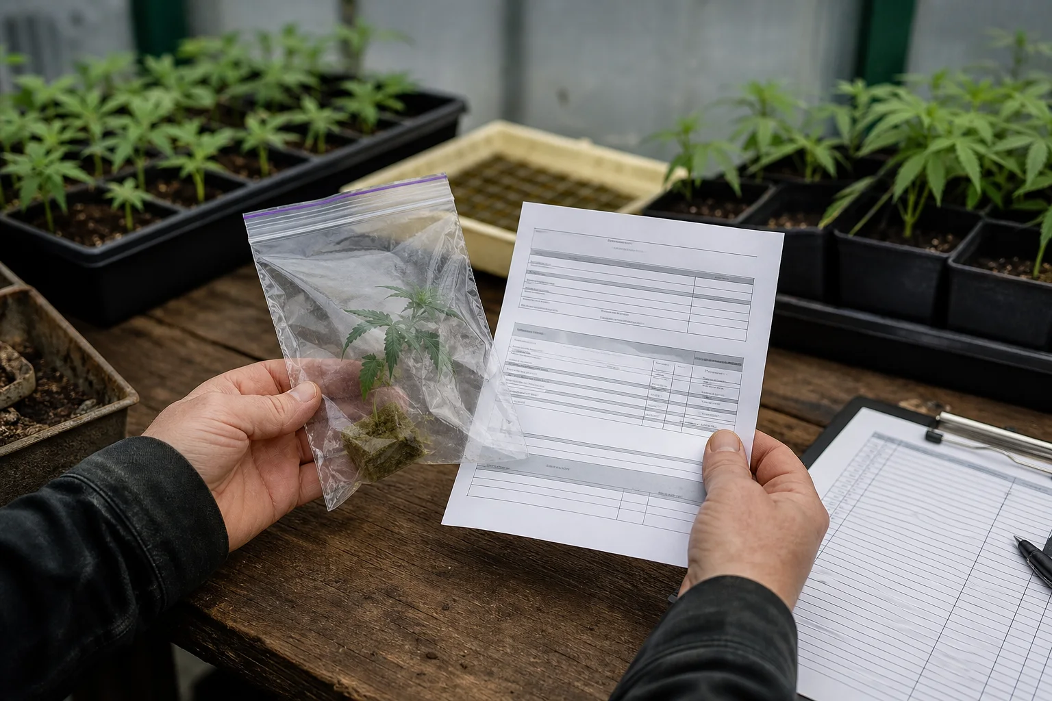 Close editorial image of a seed packet or small bag with a laboratory certificate folded next to seedlings on a wooden bench; clipboard with a planting checklist visible but unreadable, soft natural light, Maine cultivation context.