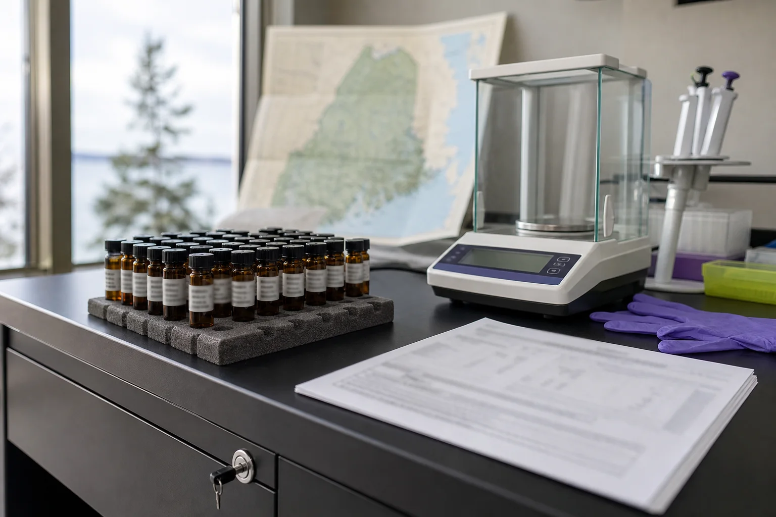 A Maine testing laboratory bench with sample vials in a rack, an analytical balance, a blurred Certificate of Analysis, and a soft-focus map of Maine—no readable text.