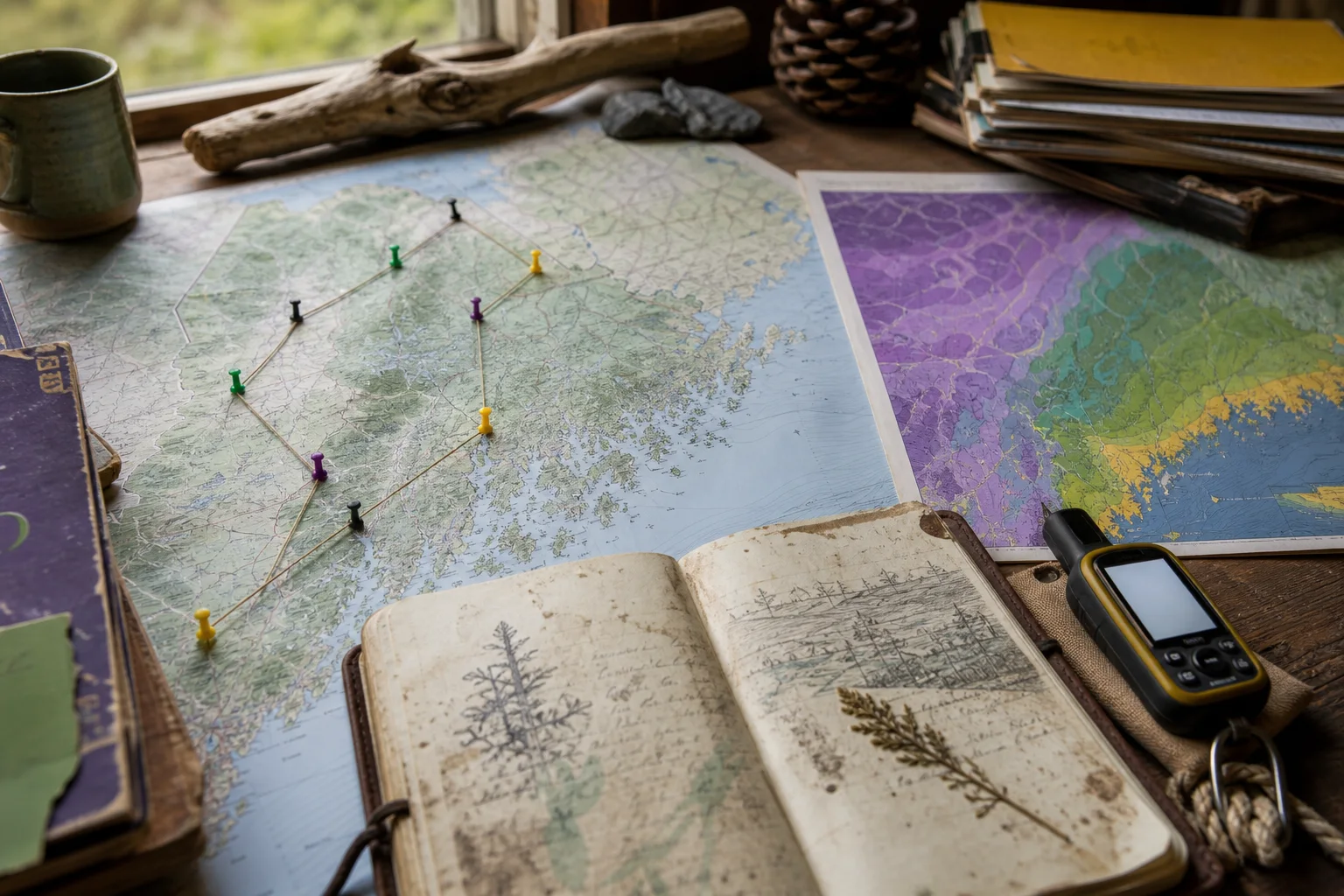 A desk with a map of coastal Maine, USDA hardiness inset, field notebook, and GPS unit representing a living atlas of Maine cultivation microclimates.