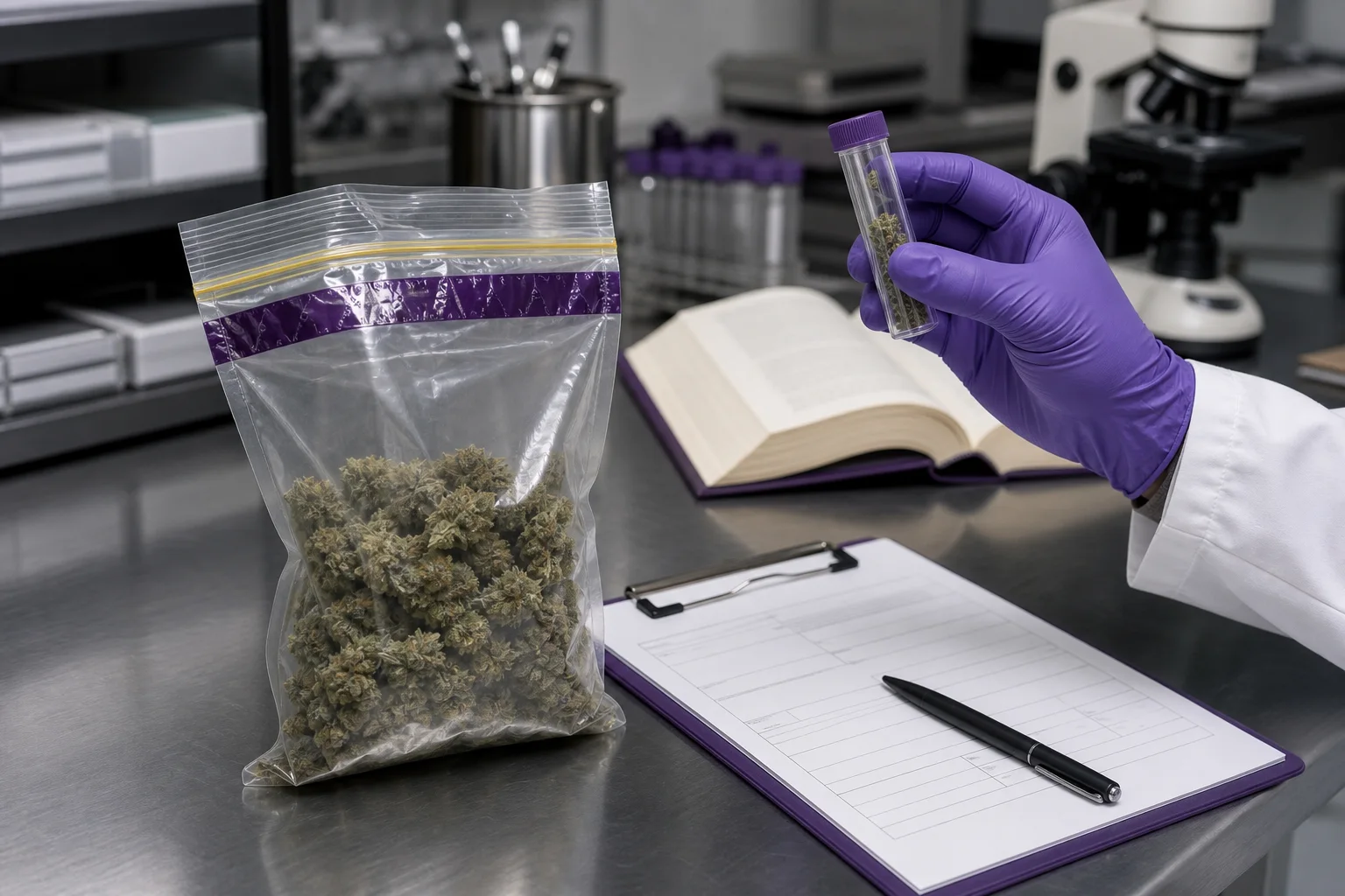 Sealed evidence bag and chain-of-custody form on lab bench beside gloved hand holding a sample tube; statute book blurred in background.