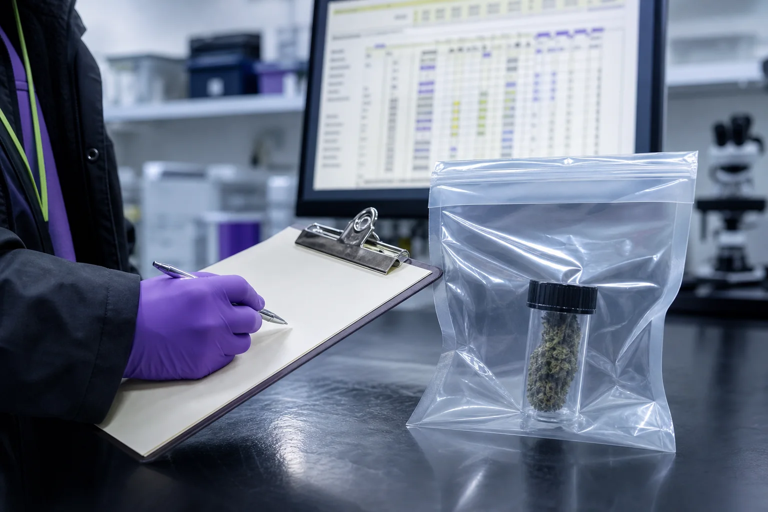 Editorial composition: clipboard, sealed evidence bag with sample vial, and blurred computer inventory grid—symbolizing audit testing and traceability.