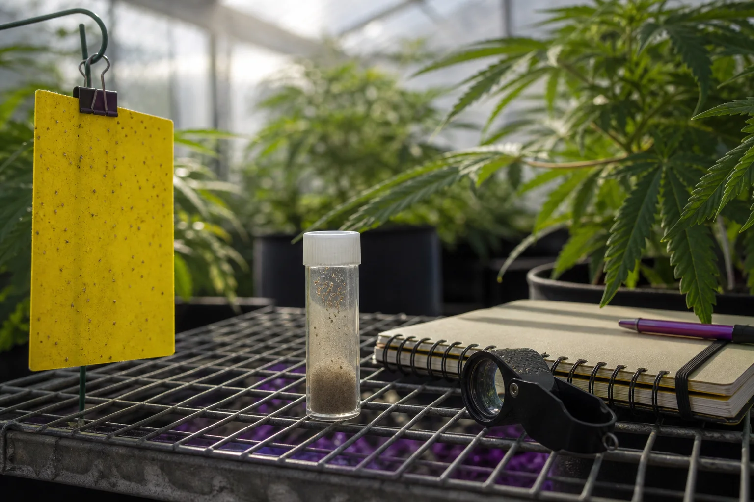 Greenhouse bench with a sticky monitoring card, vial of predatory mites, a hand lens and a scouting notebook; early morning light, no people or readable labels.