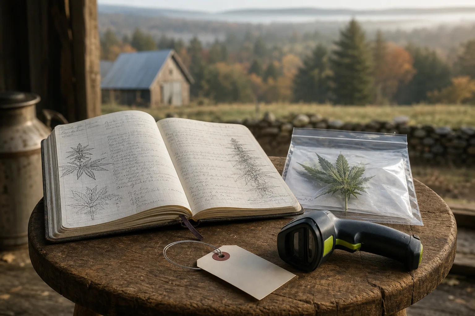 A field notebook beside a sealed bag holding a small cannabis cutting and a numbered plant tag; a barcode scanner lies nearby. Morning light and a farm table create a tactile, archival mood.