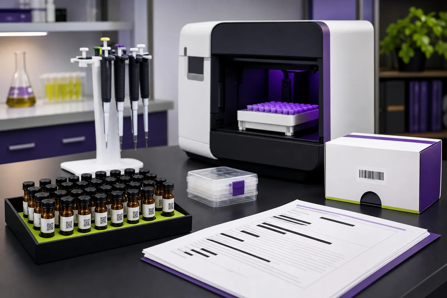 Laboratory bench with sample vials, pipettes, a sequencer rack, a NIST reference material box, and a redacted report — illustrating genotyping and lab authentication.