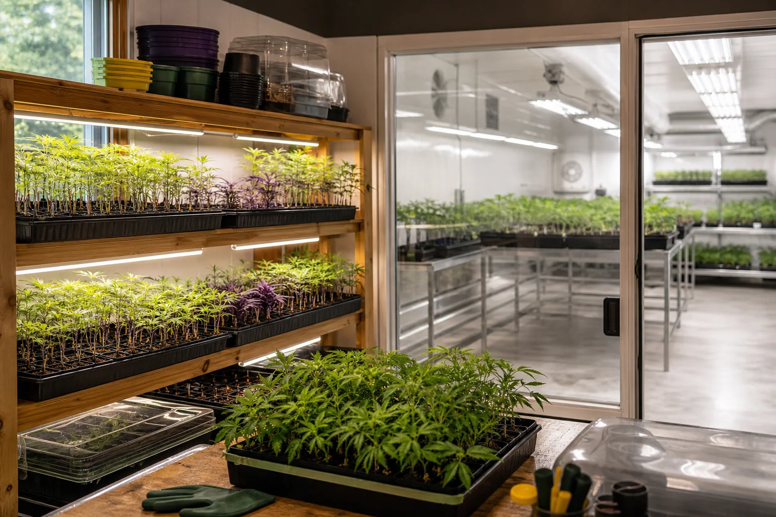 Interior view of a nursery showing seedling trays on shelves and a separate propagation room behind a glass partition; no readable text or logos.