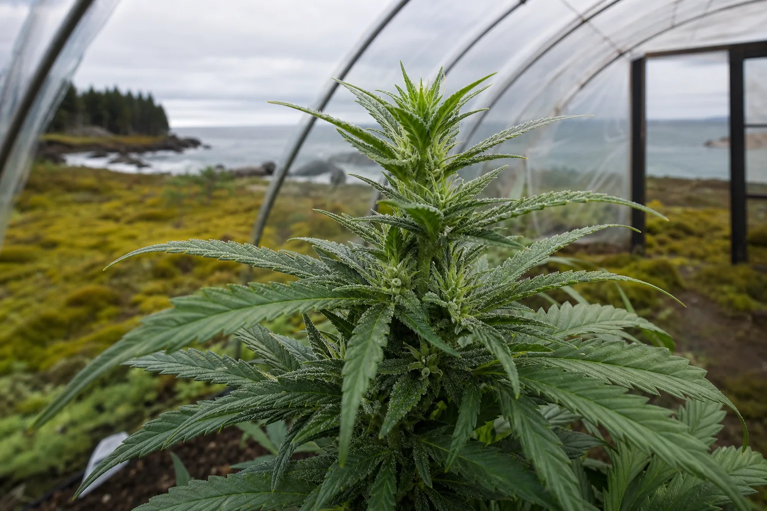 A compact cannabis plant in a small high‑tunnel with coastal Maine light, showing apical nodes and early flower structures; no text.
