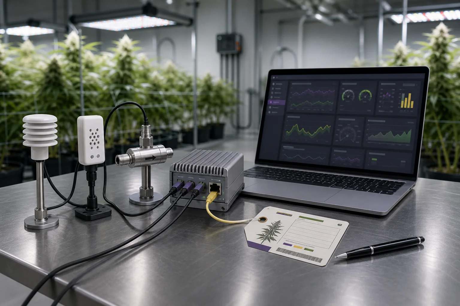 Editorial still: environmental sensors and gateway device next to a laptop and a printed plant tag—no readable text or logos.
