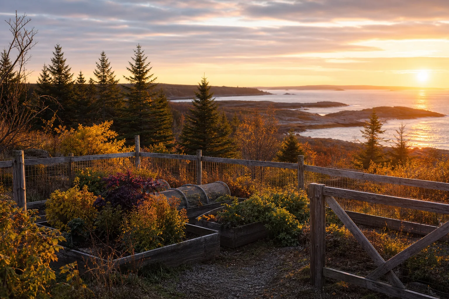 Maine coastal garden at golden hour with a small fenced growing area and rocky shoreline in the distance — seasonal, landscape‑aware image.