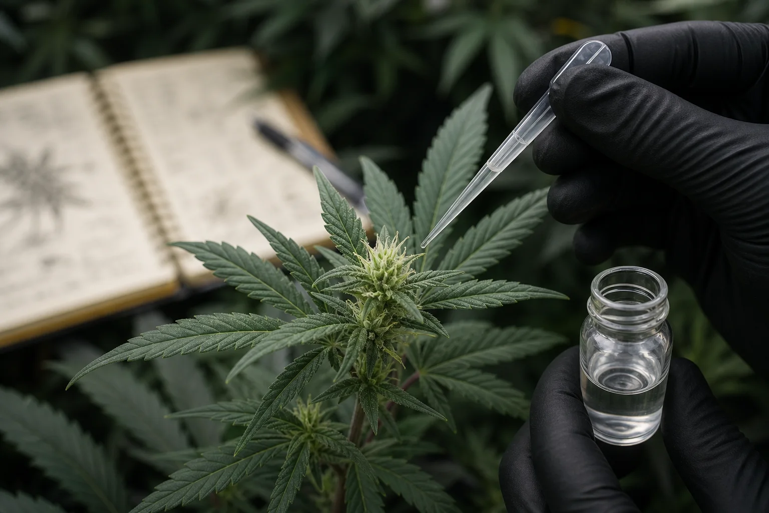 Close-up of a cannabis shoot apex beside a pipette and small vial, botanical detail.