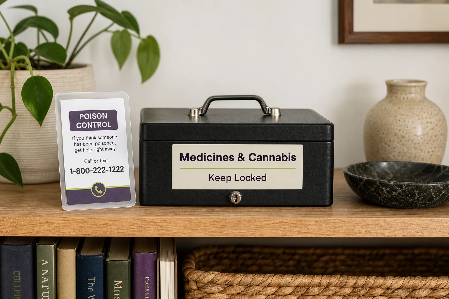 Child‑safe storage photo: a locked box marked 'medicines' and a Poison Control number card beside it.