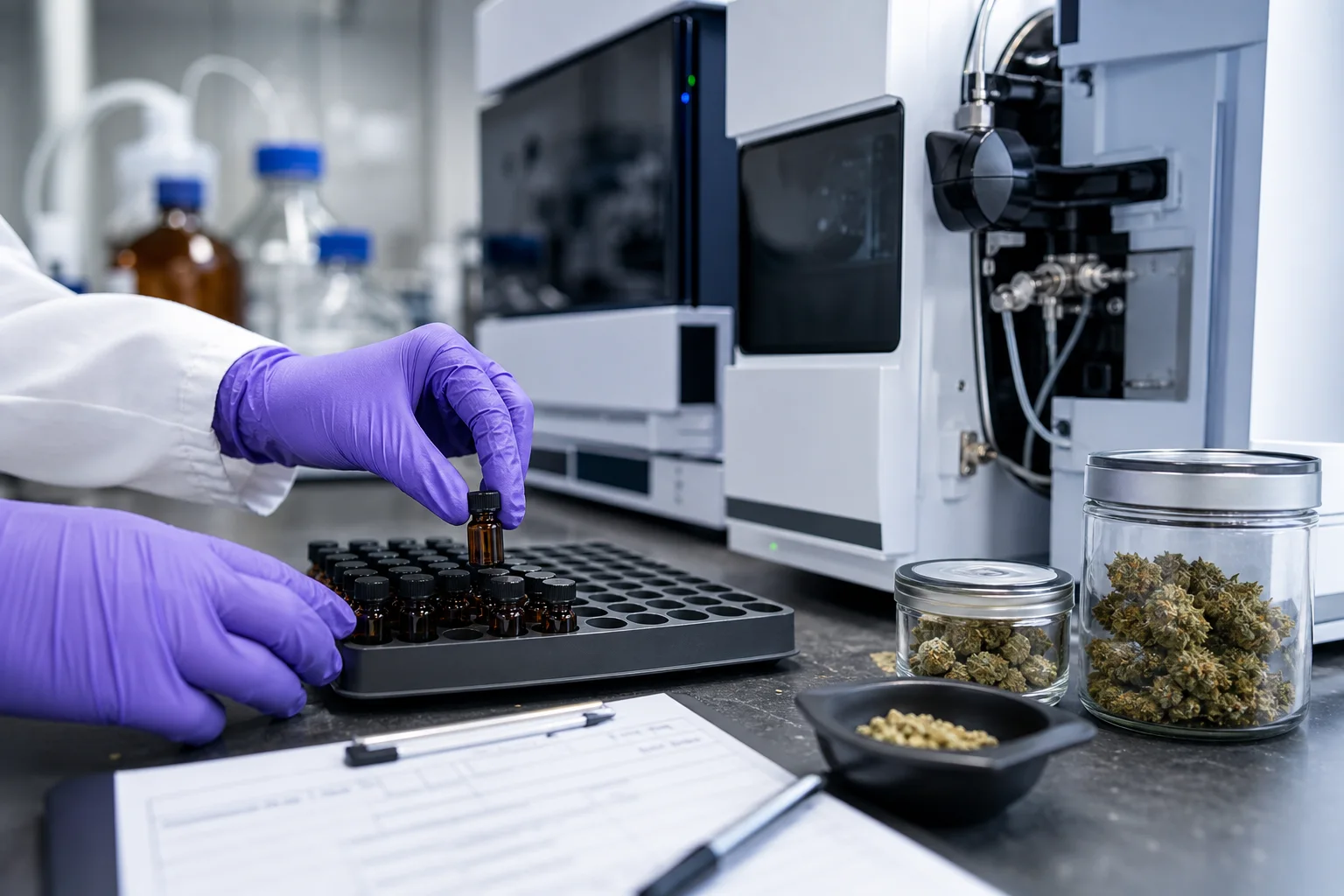 Photograph of a cannabis testing laboratory bench with HPLC or LC‑MS instruments and labeled sample vials (no visible numeric results).