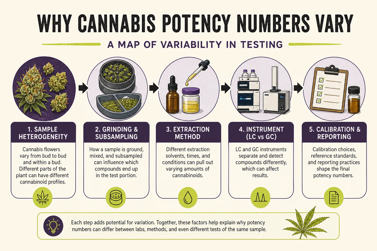 Evidence diagram showing how sample preparation, instrument, and reporting choices affect reported potency (no causal claims).